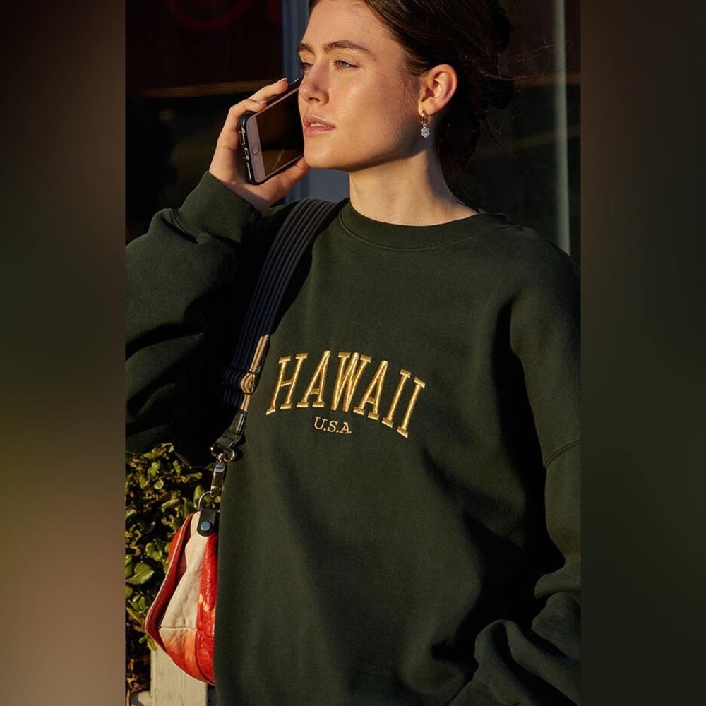 Brandy Melville Forest Green Crewneck with Yellow Hawaii Embroidery